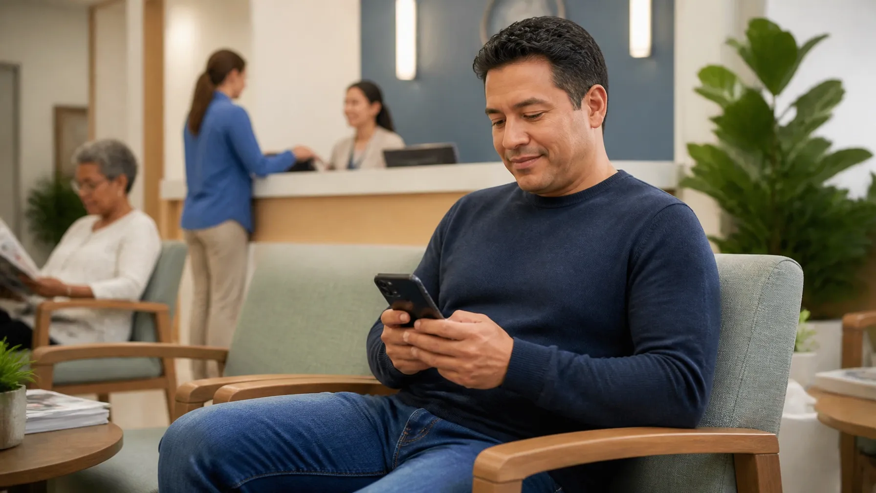 Patient using a smartphone in a contemporary healthcare waiting room