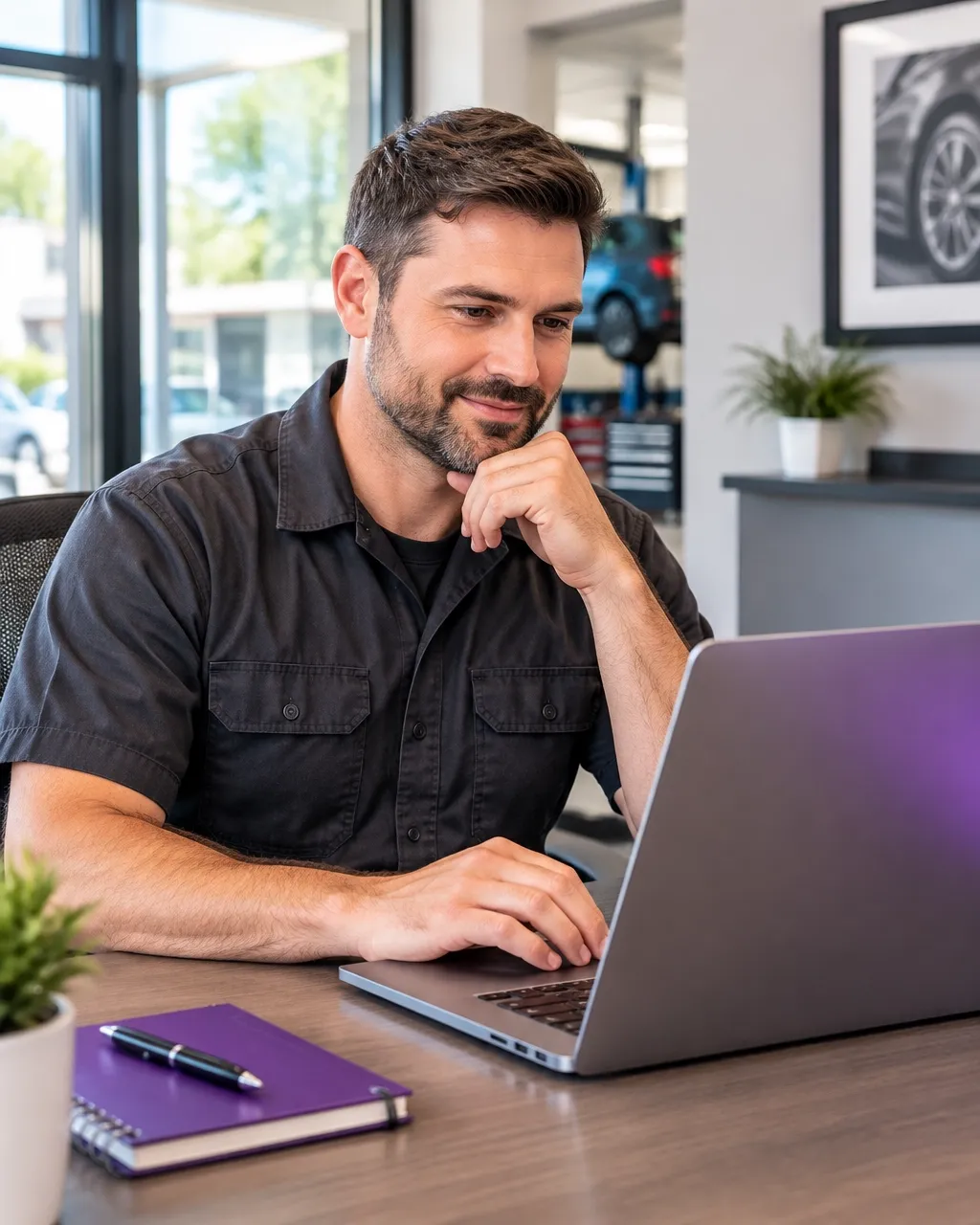Auto service business owner signing up online for CXperks at his desk.